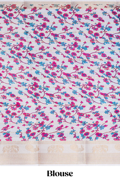 dolo silk saree with tie and dye abstract print all over body with kanchipuram border and rajastani village art pallu and floral print blouse