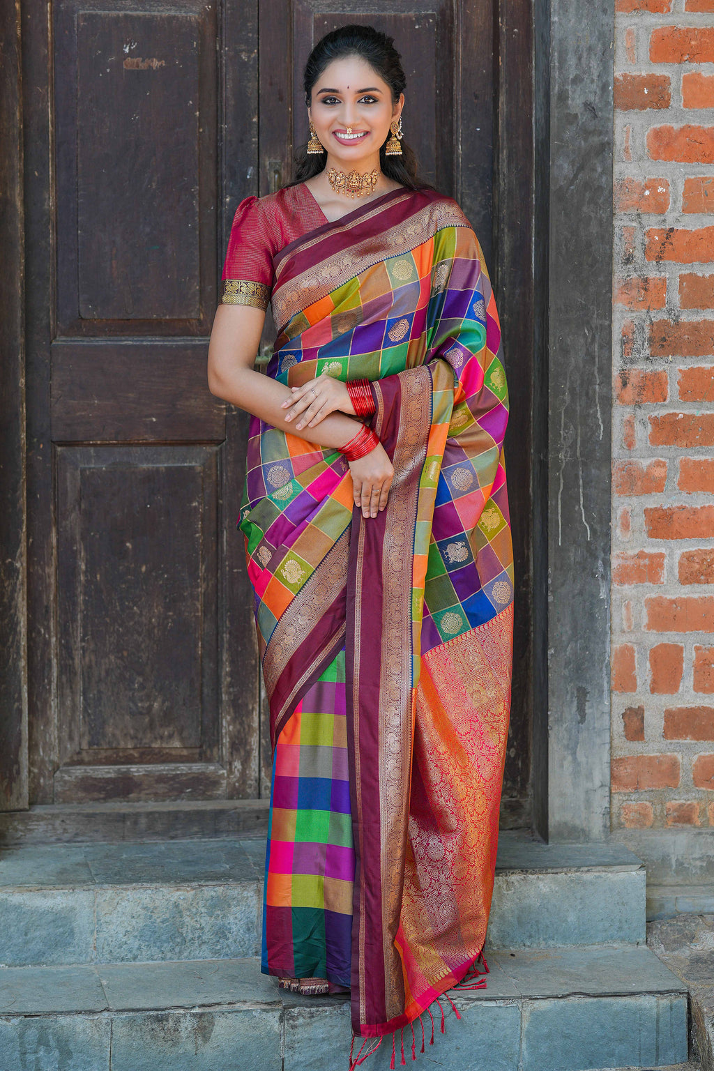 Multicolor checked floral motifs design kathan silk saree with contrast maroon border and zari motis blouse