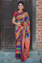 Multicolor checked floral motifs design kathan silk saree with contrast maroon border and zari motis blouse