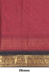 Red plain chettinad cotton saree with contrast zari border and matching blouse