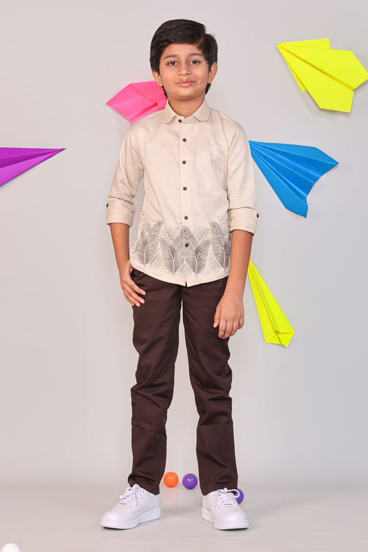 Two Piece Kids Party Wear Outfit - Beige Leaf Embroidery Shirt & Black Chino Pants