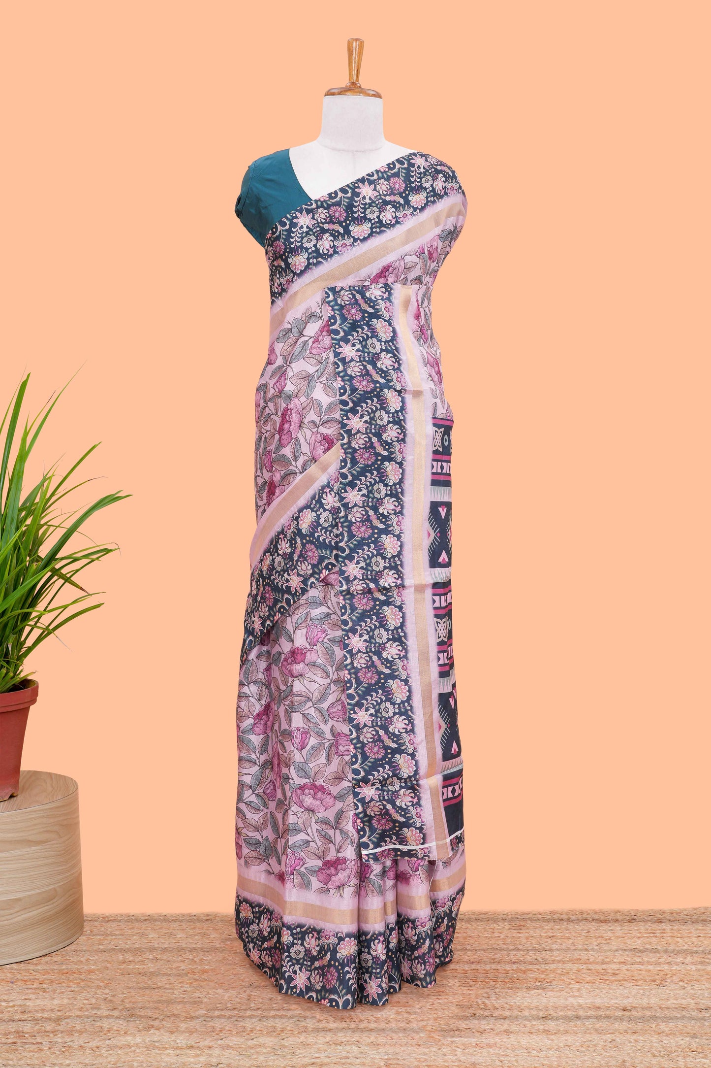 Pink silk cotton kalamkari floral print saree with contrast floral printed border and pallu