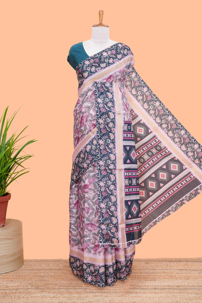 Pink silk cotton kalamkari floral print saree with contrast floral printed border and pallu