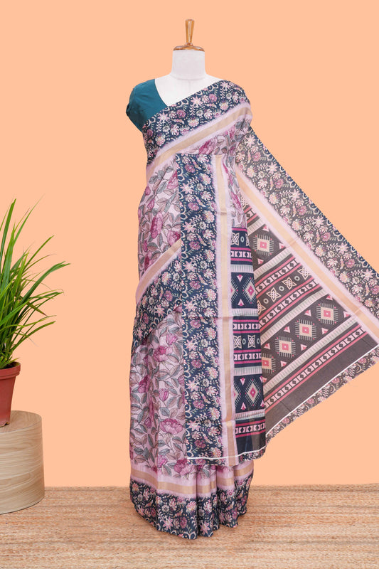 Pink silk cotton kalamkari floral print saree with contrast floral printed border and pallu