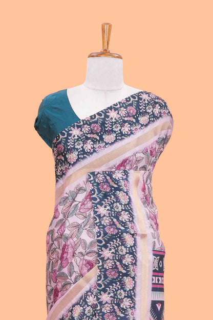 Pink silk cotton kalamkari floral print saree with contrast floral printed border and pallu