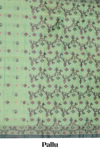 Green geometric pattern small butta bengal cotton saree with contrast border and matching pallu