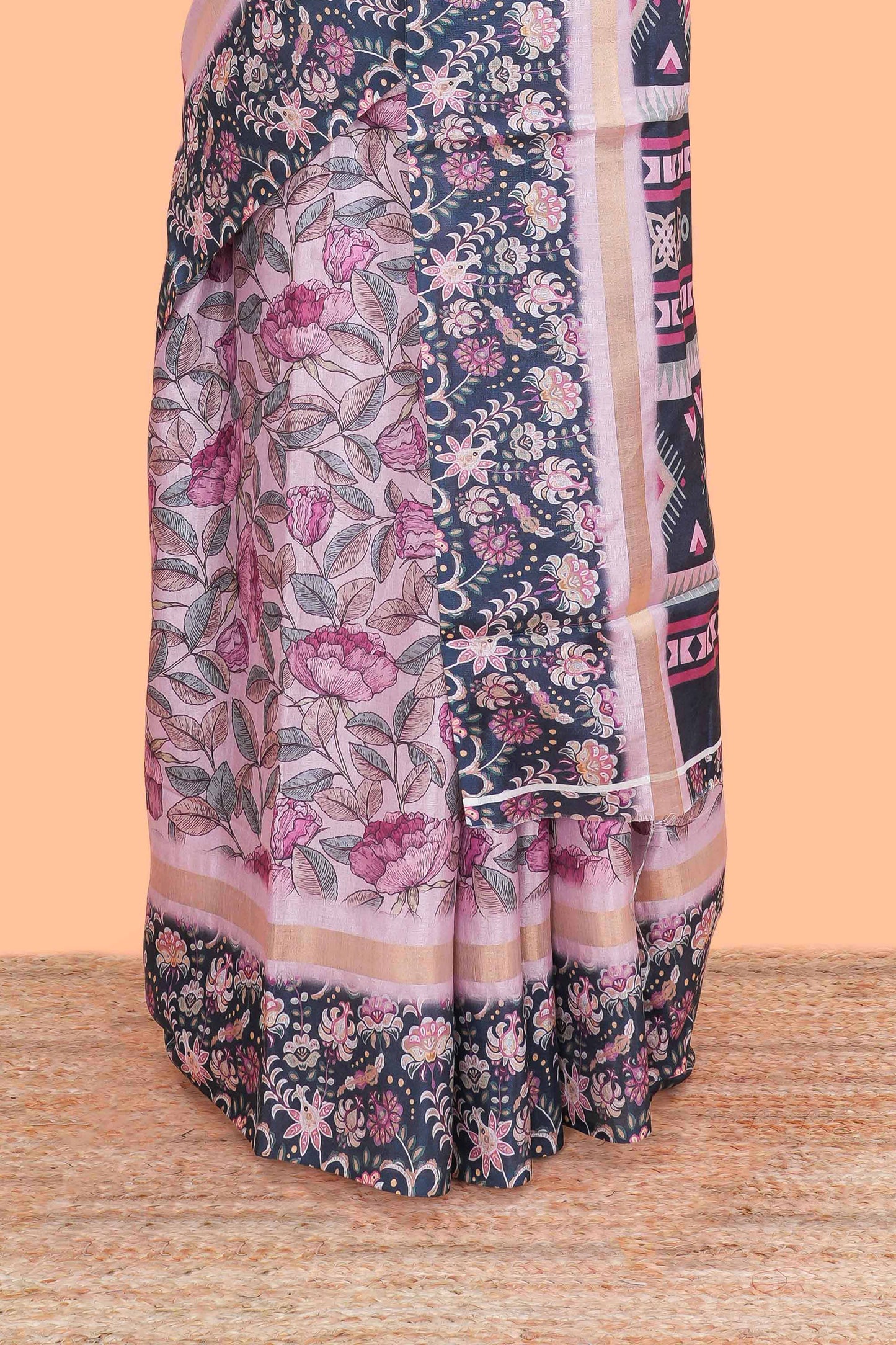 Pink silk cotton kalamkari floral print saree with contrast floral printed border and pallu
