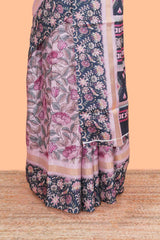 Pink silk cotton kalamkari floral print saree with contrast floral printed border and pallu