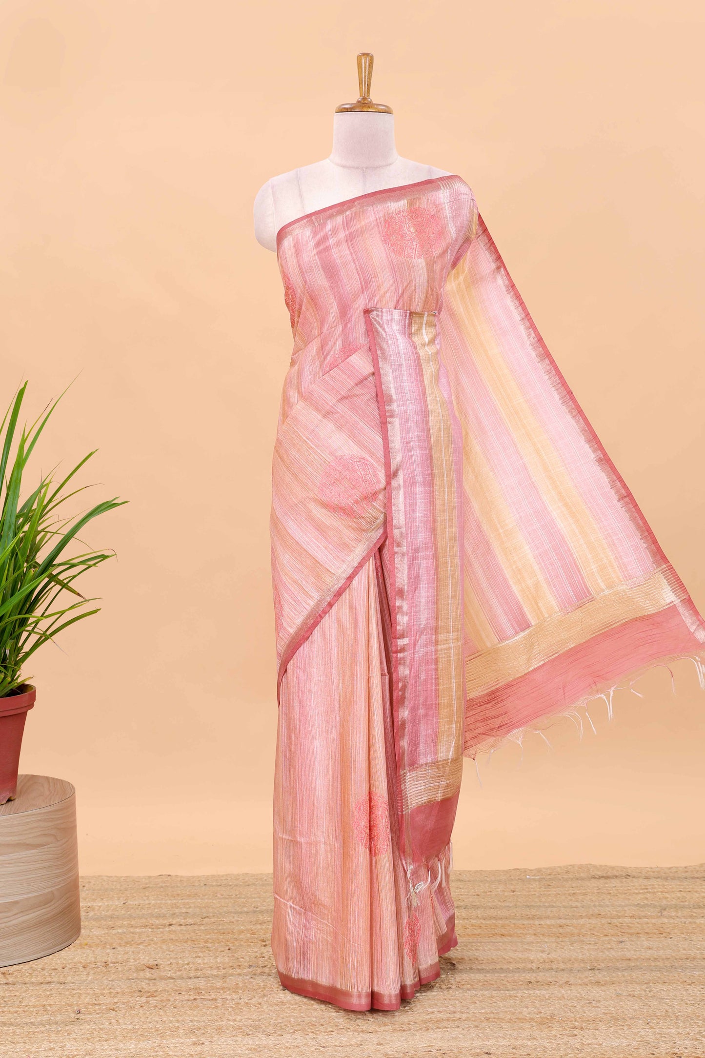 Peach stripes chikankari cotton saree with floral butta and self pallu