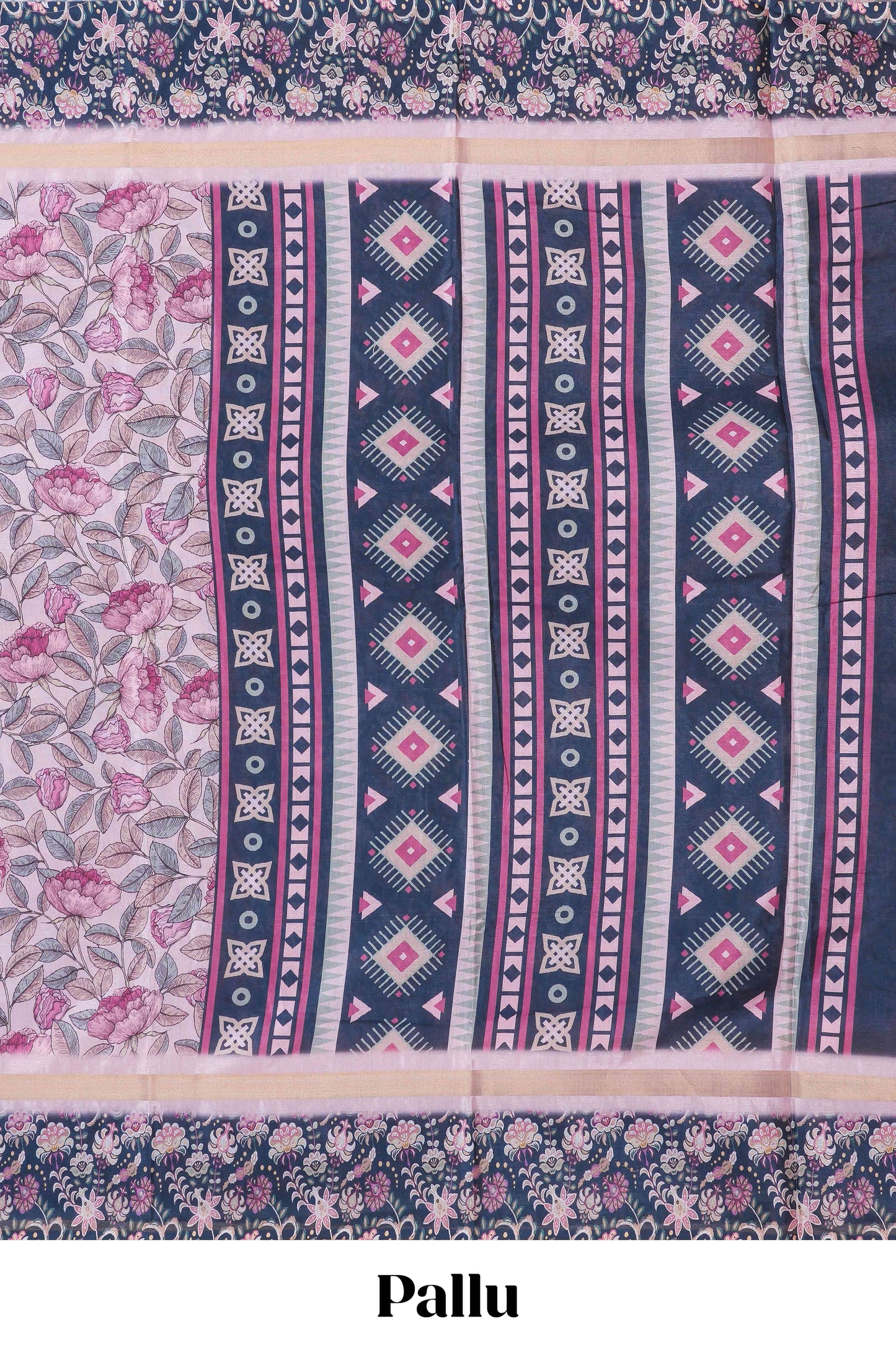 Pink silk cotton kalamkari floral print saree with contrast floral printed border and pallu
