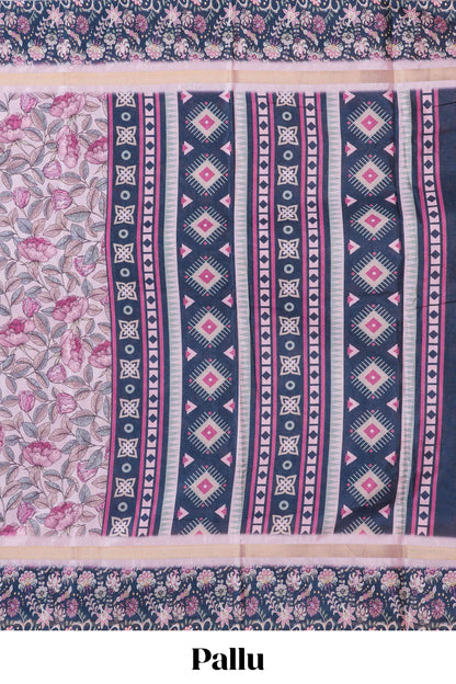 Pink silk cotton kalamkari floral print saree with contrast floral printed border and pallu