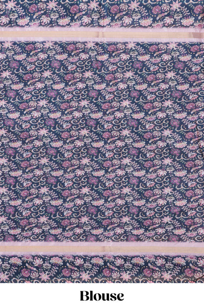 Pink silk cotton kalamkari floral print saree with contrast floral printed border and pallu