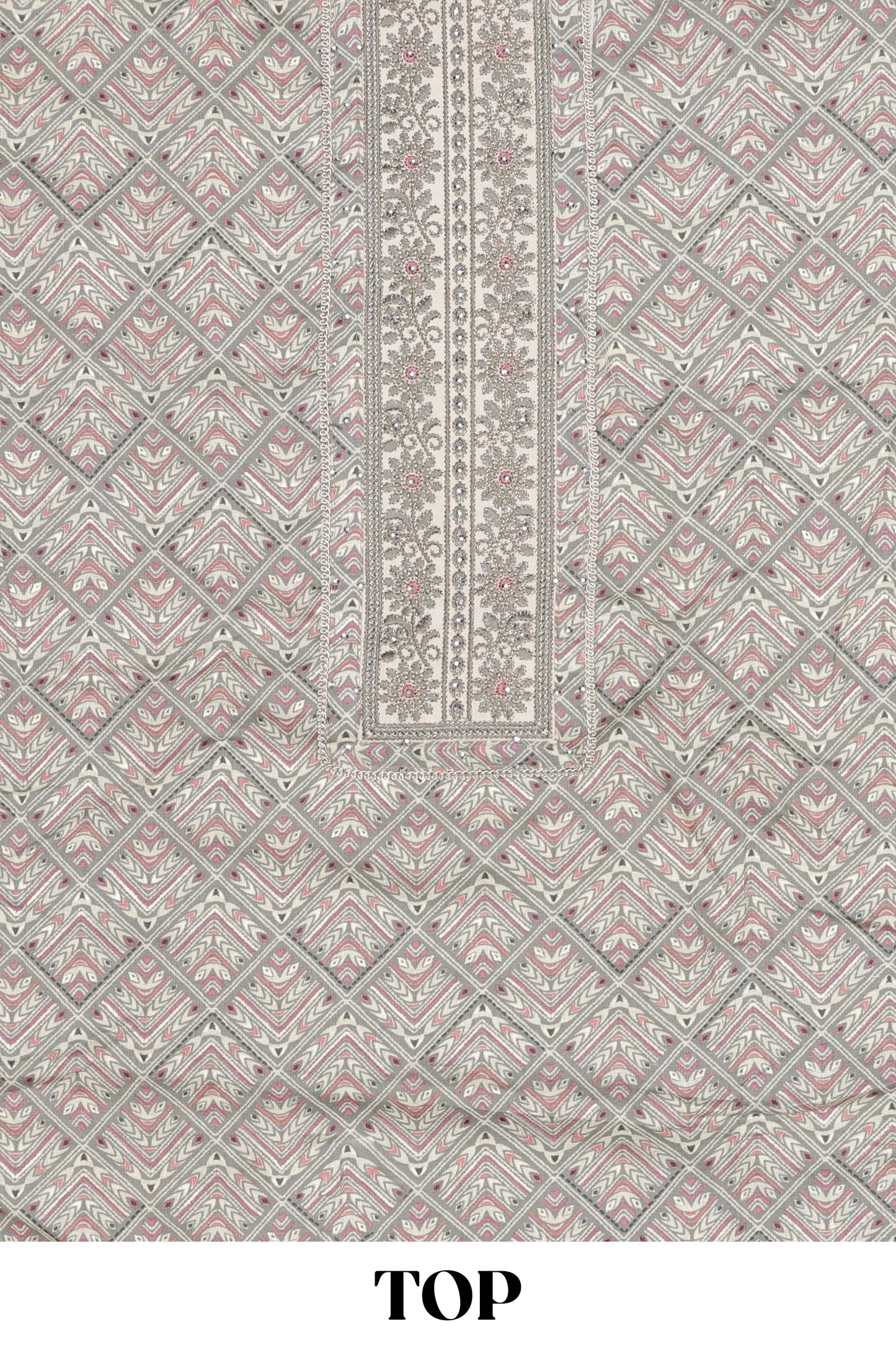 Grey cotton geomentrical embroidered chudidhar material with contrast bottom and dupatta