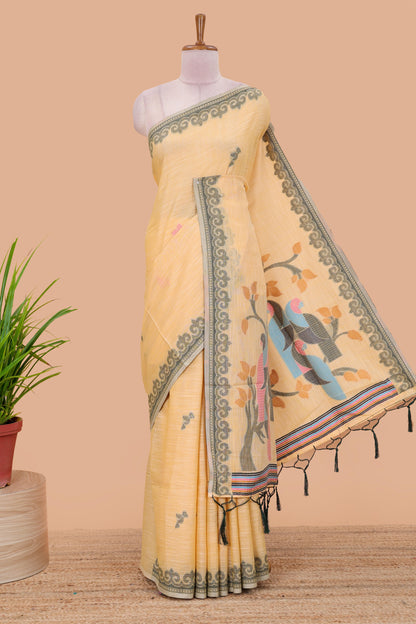 Sandal birds motifs linen cotton saree with self border and matchin blouse