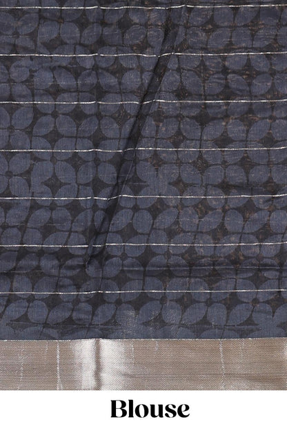 Cream checked chanderi cotton saree with floral and birds print contrast zari border