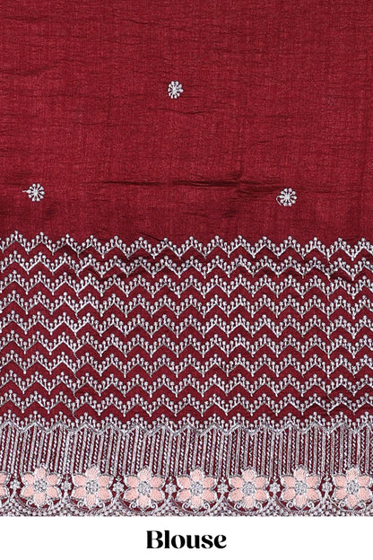 Orange designer georgette space silk saree with heavy stone & beads work, short pallu and contrast sequin embroidered blouse