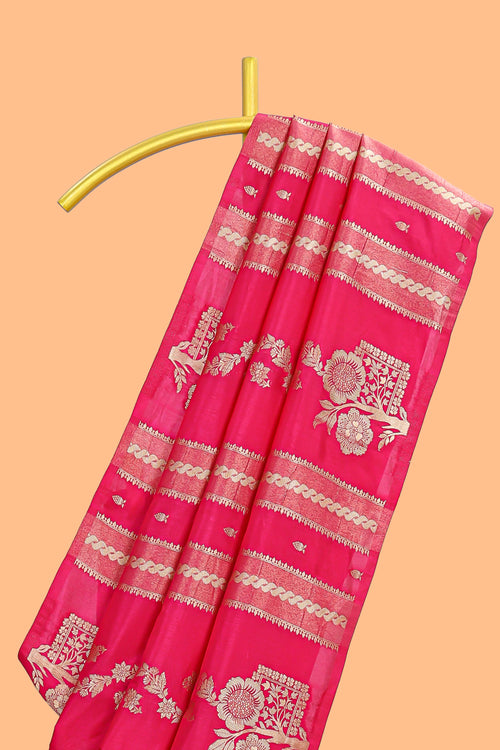 Borderless pink striped zari motifs design raw silk saree with self pallu and matching blouse