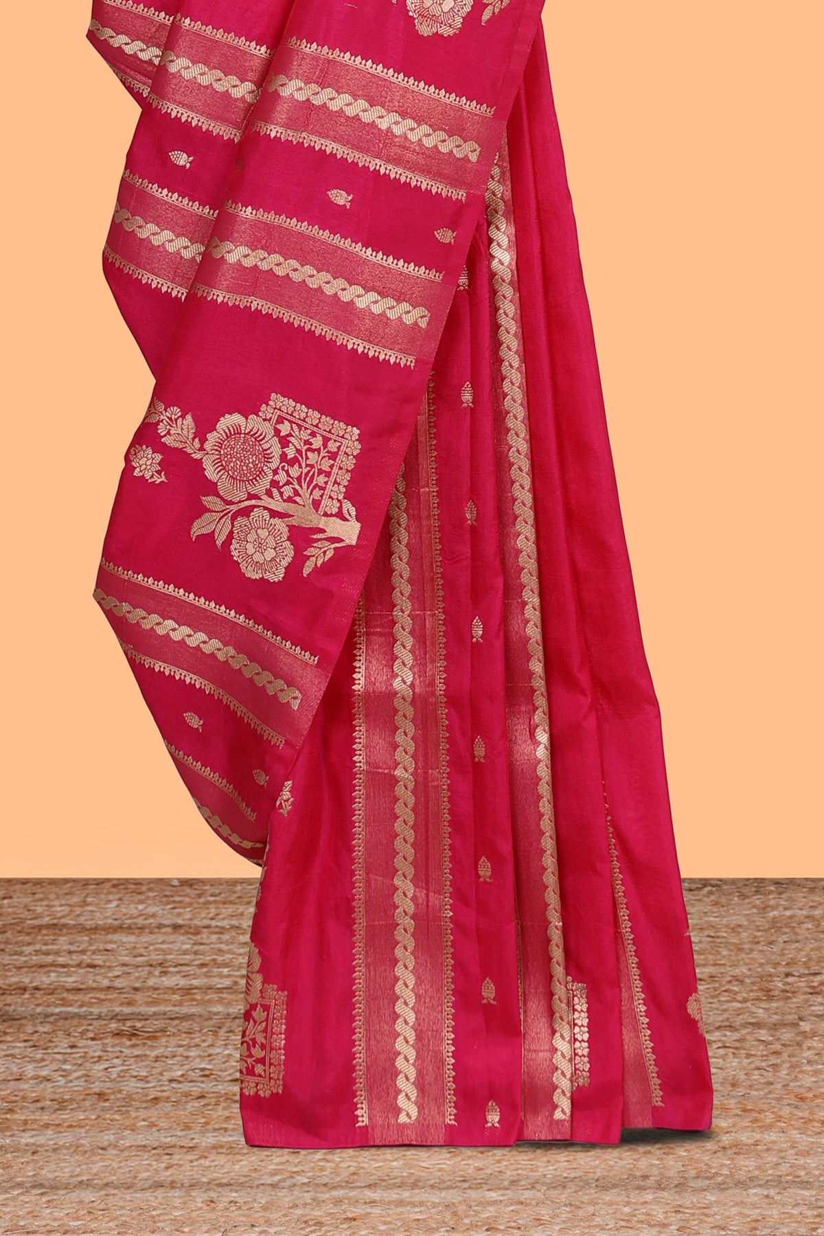 Borderless pink striped zari motifs design raw silk saree with self pallu and matching blouse