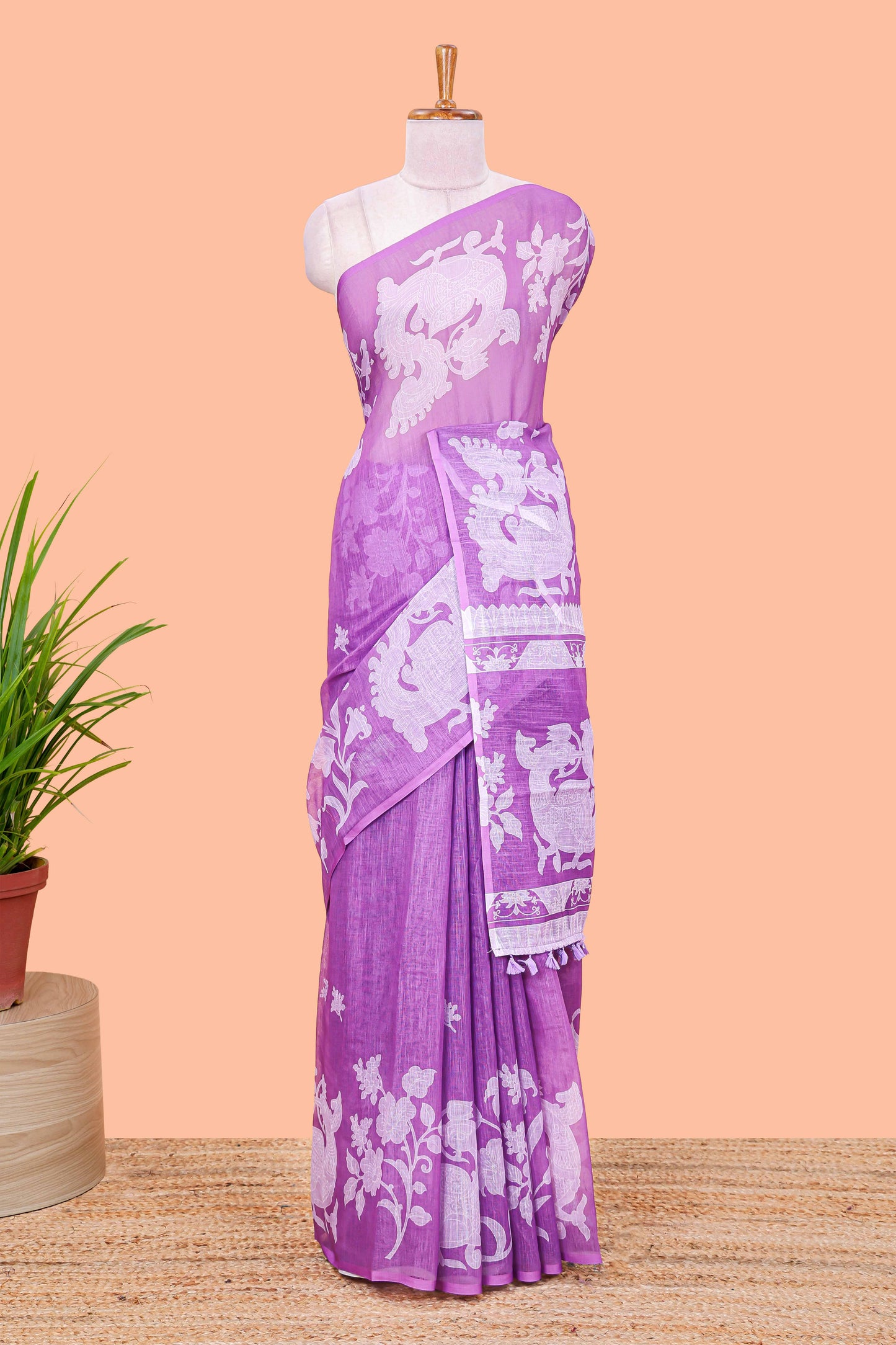 Lavender linen cotton floral and birds print saree with self border and matching printed blouse
