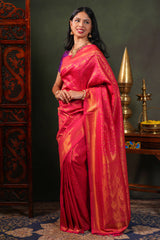 Pink colour Semi Soft Silk Saree with intricate gold zari Leaf vine weaving patterns and Rich zari woven pallu with Matching blouse