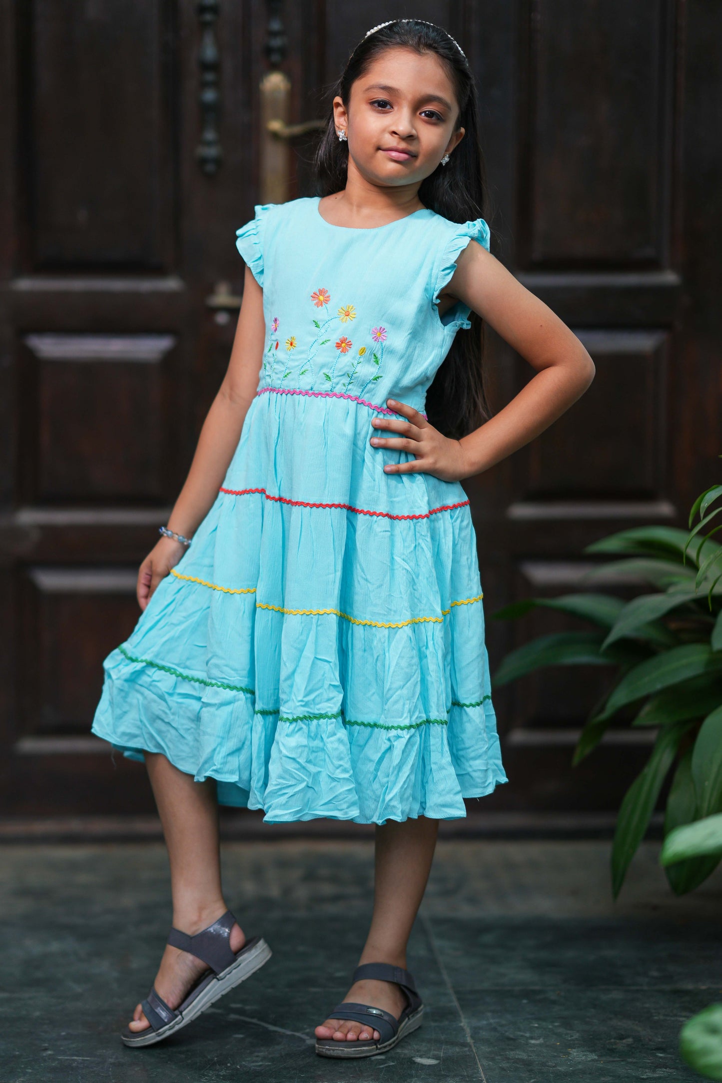 Girls Sky Blue Embroidered Tiered Dress with Multi-Color Lace Trim
