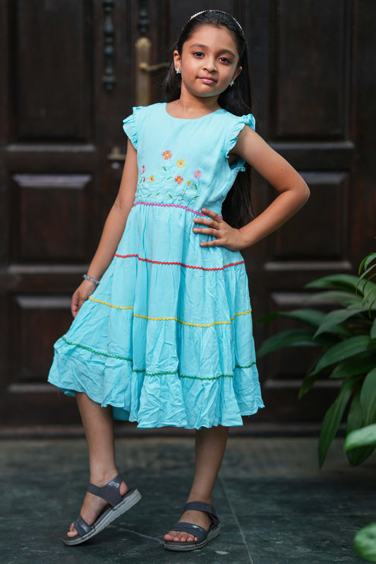 Girls Sky Blue Embroidered Tiered Dress with Multi-Color Lace Trim