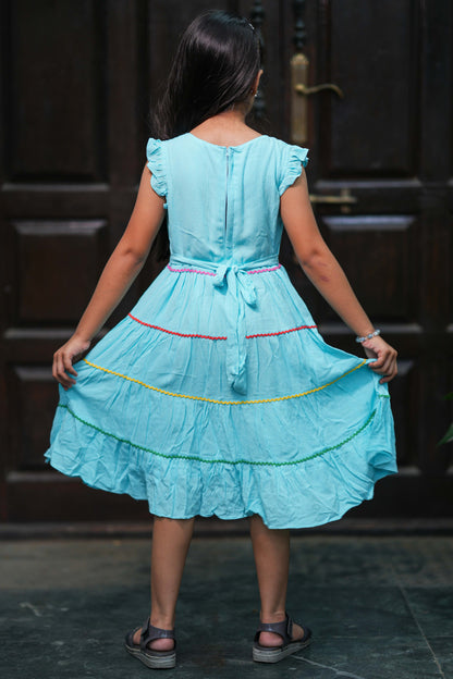 Girls Sky Blue Embroidered Tiered Dress with Multi-Color Lace Trim