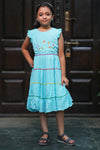 Girls Sky Blue Embroidered Tiered Dress with Multi-Color Lace Trim