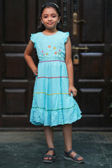 Girls Sky Blue Embroidered Tiered Dress with Multi-Color Lace Trim