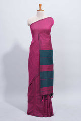 Borderless purple south cotton saree with contrast striped pallu and tassels