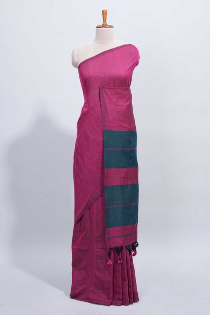 Borderless purple south cotton saree with contrast striped pallu and tassels