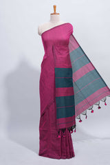 Borderless purple south cotton saree with contrast striped pallu and tassels