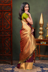 Maroon Semi Soft Silk Saree with elegant gold zari butta motifs gold zari woven Border with Contrast Blouse