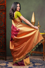Maroon Semi Soft Silk Saree with elegant gold zari butta motifs gold zari woven Border with Contrast Blouse