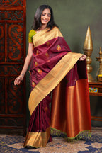 Maroon Semi Soft Silk Saree with elegant gold zari butta motifs gold zari woven Border with Contrast Blouse