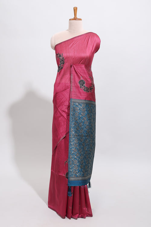 Borderless pink floral design art tussar saree with contrast pallu and motifs blouse