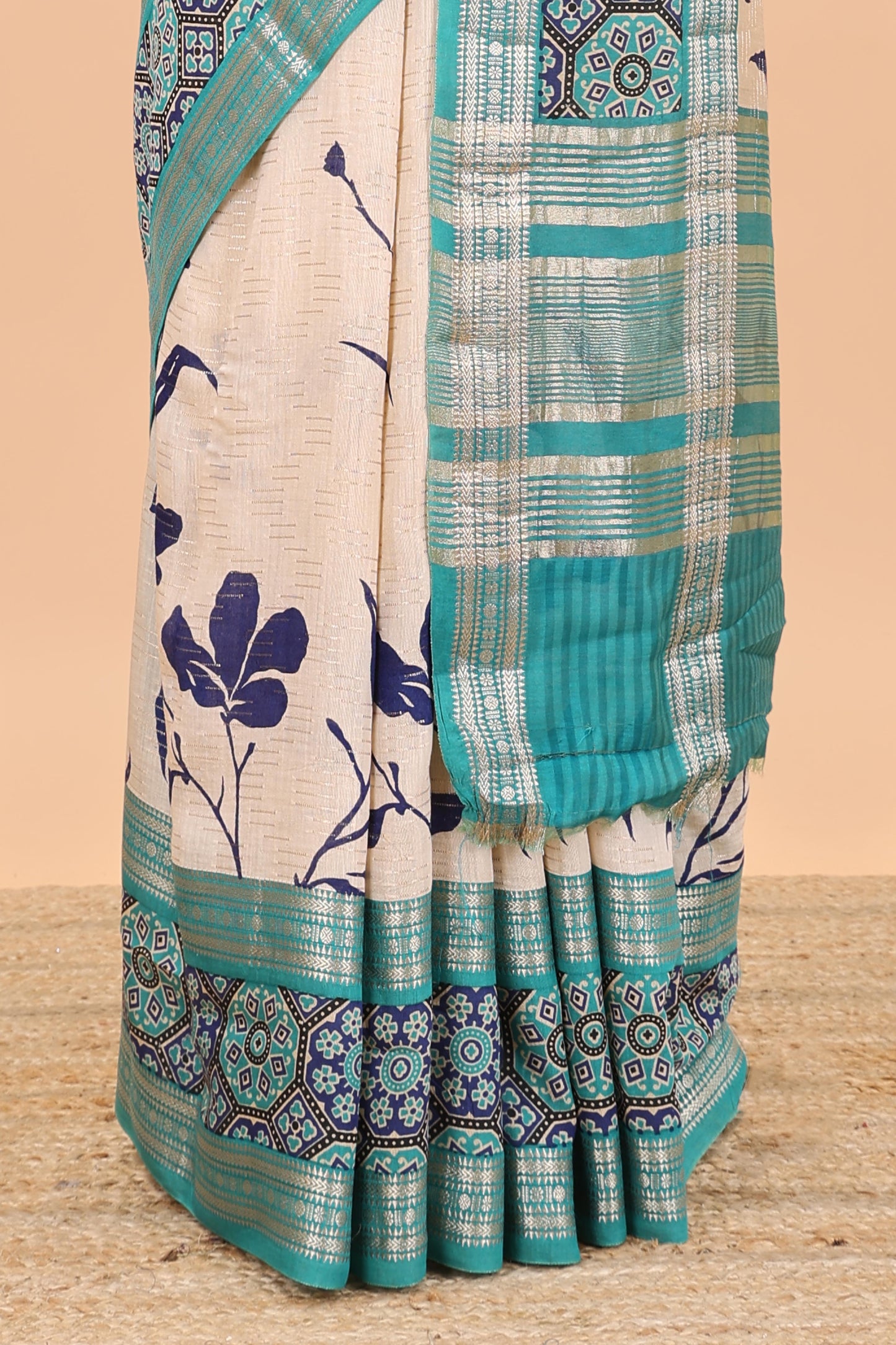 Sandal floral print chanderi cotton saree with contrast zari design border and stripes pallu