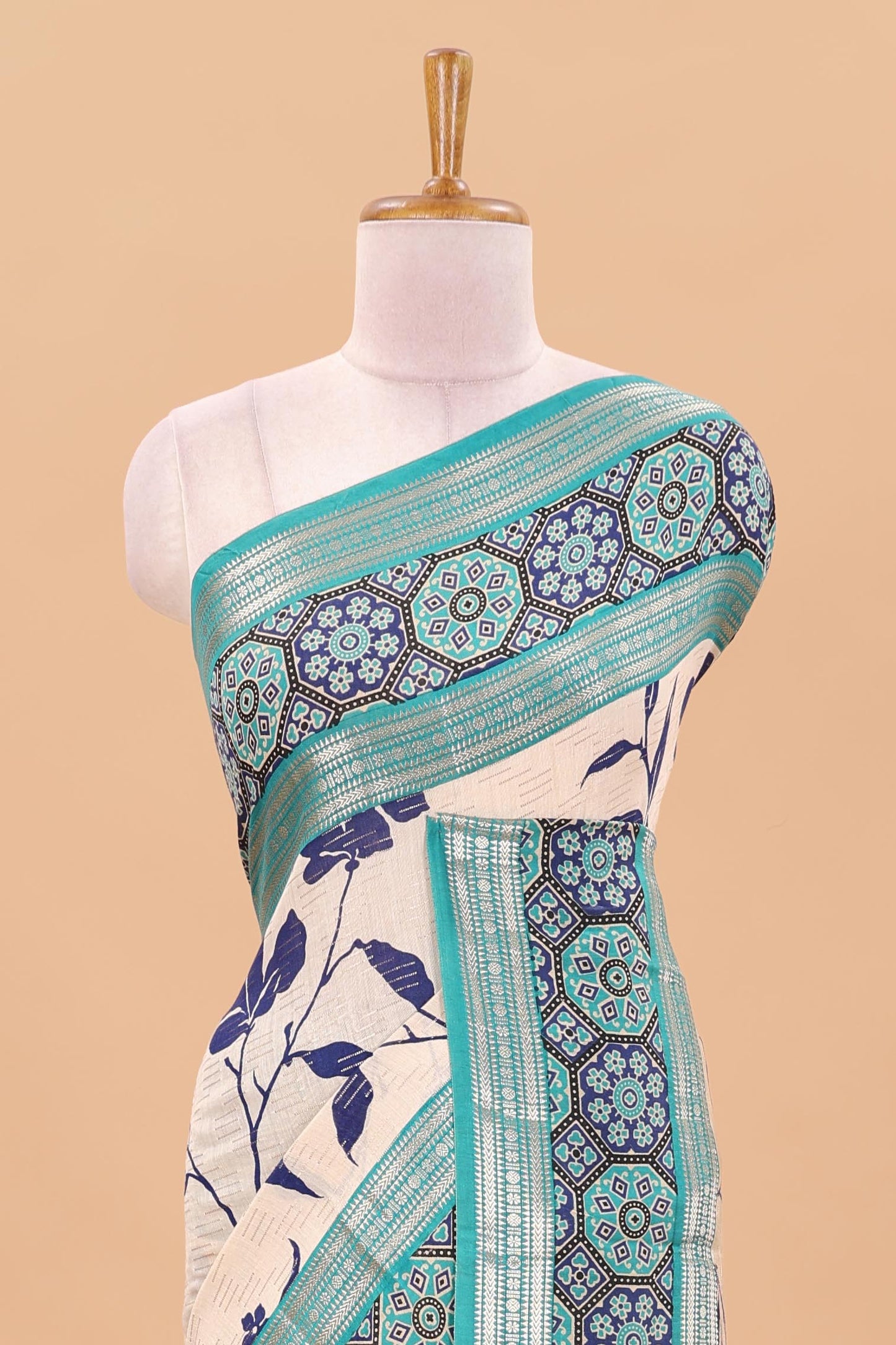 Sandal floral print chanderi cotton saree with contrast zari design border and stripes pallu