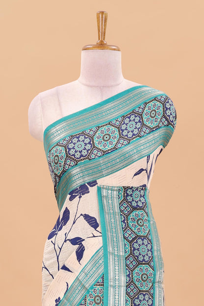 Sandal floral print chanderi cotton saree with contrast zari design border and stripes pallu