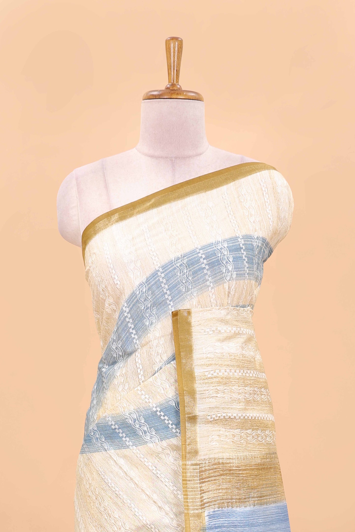 Sandal thread work stripes chikankari cotton saree with pallu and blouse