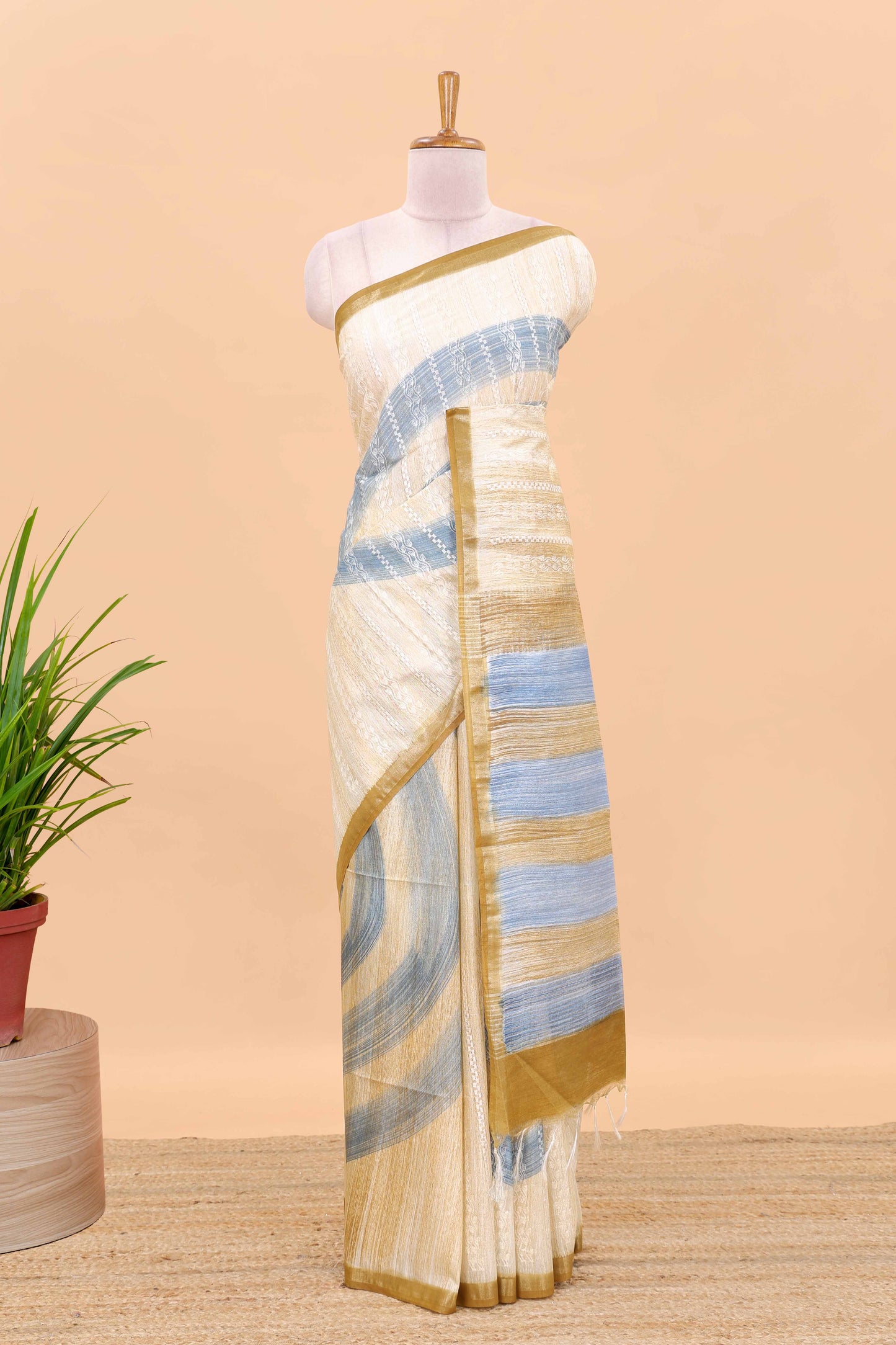 Sandal thread work stripes chikankari cotton saree with pallu and blouse