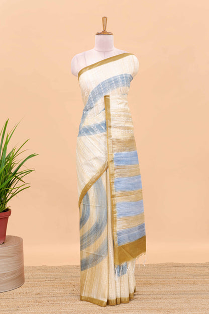 Sandal thread work stripes chikankari cotton saree with pallu and blouse