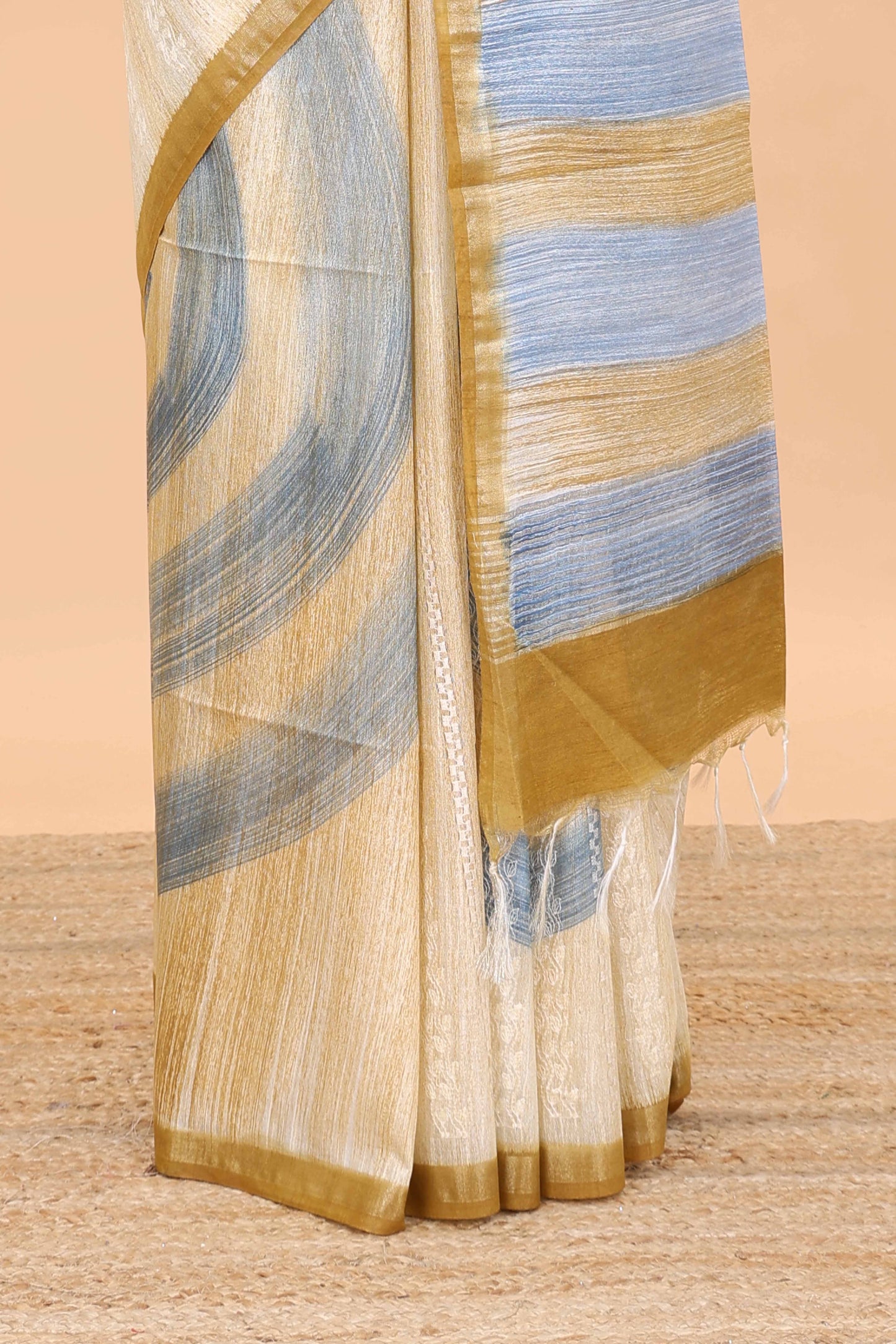 Sandal thread work stripes chikankari cotton saree with pallu and blouse