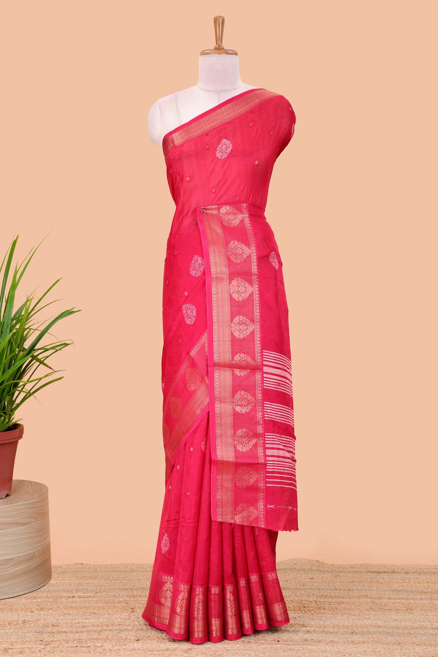 Red viscose dola silk self jacquard saree with print and zari butta, bentex zari border