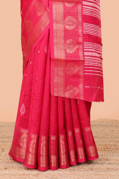 Red viscose dola silk self jacquard saree with print and zari butta, bentex zari border