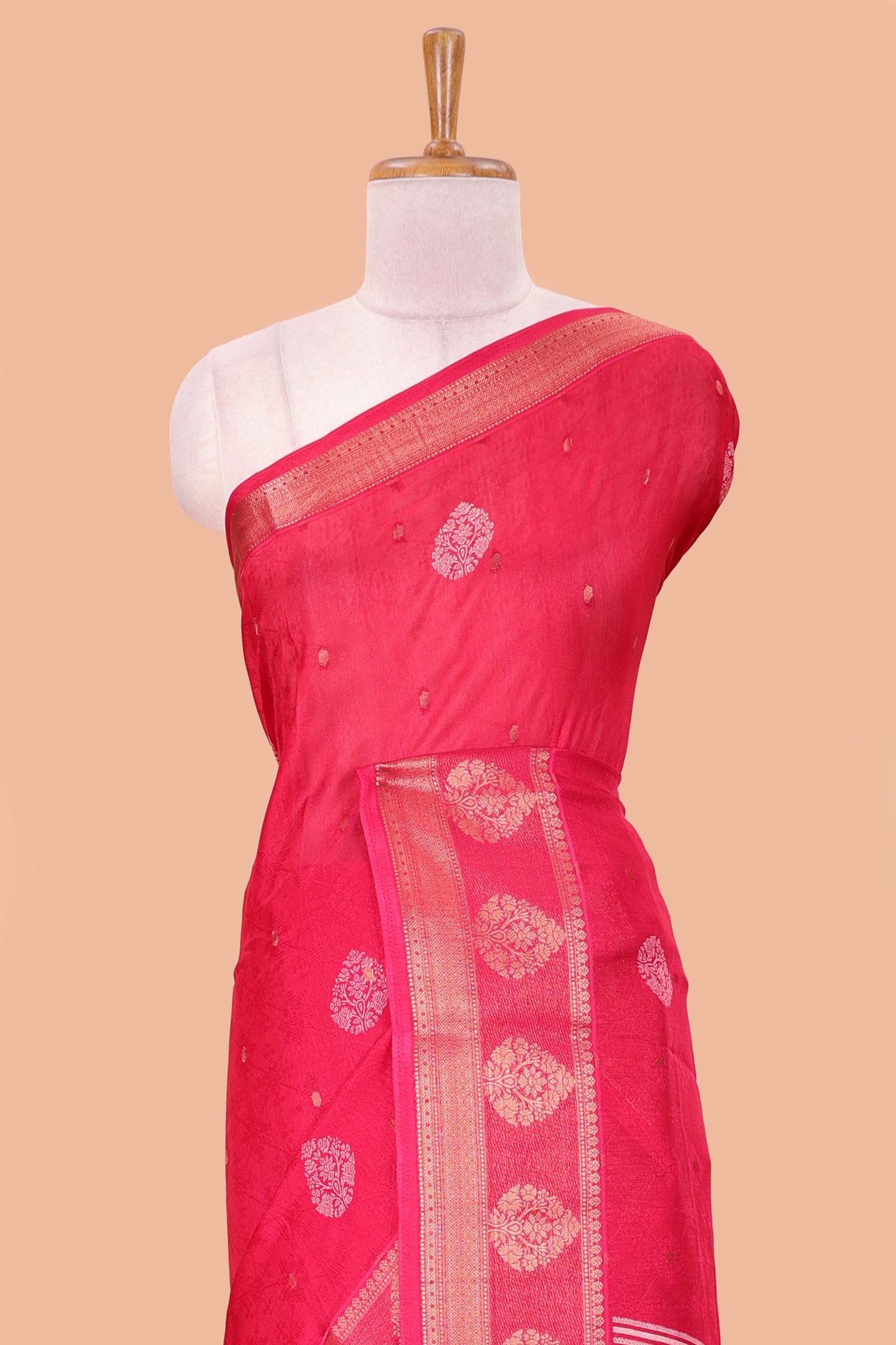 Red viscose dola silk self jacquard saree with print and zari butta, bentex zari border