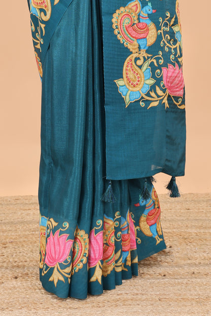 Peacock green tanjore painting style linen tussar saree with peacock & lotus motifs and printed pallu