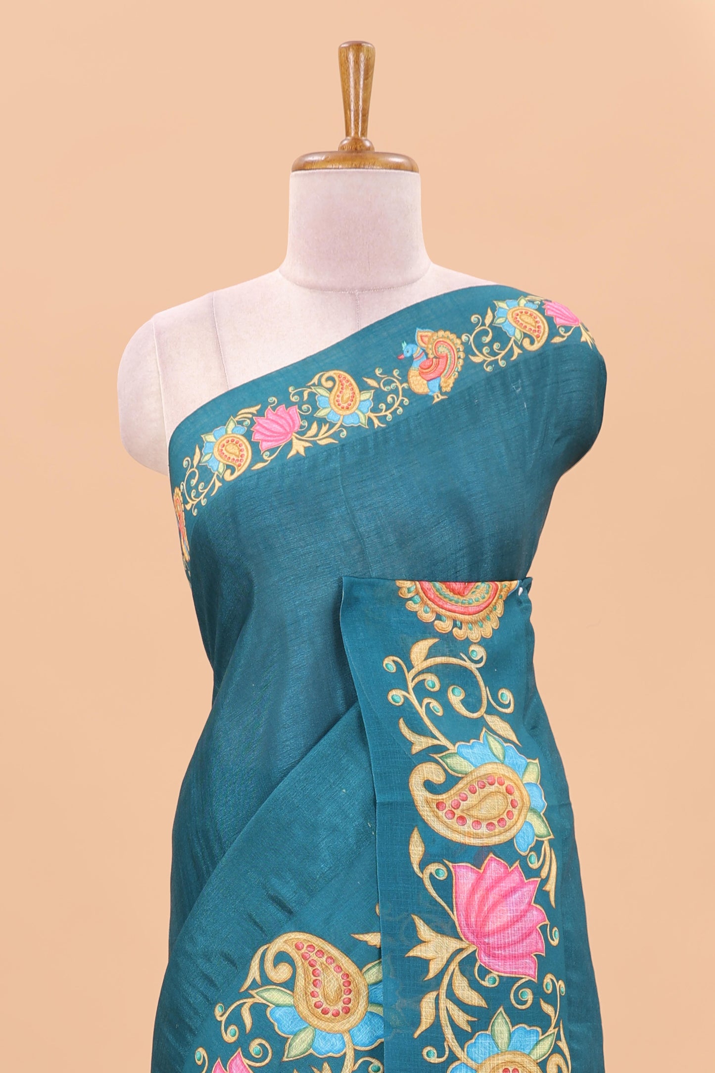 Peacock green tanjore painting style linen tussar saree with peacock & lotus motifs and printed pallu