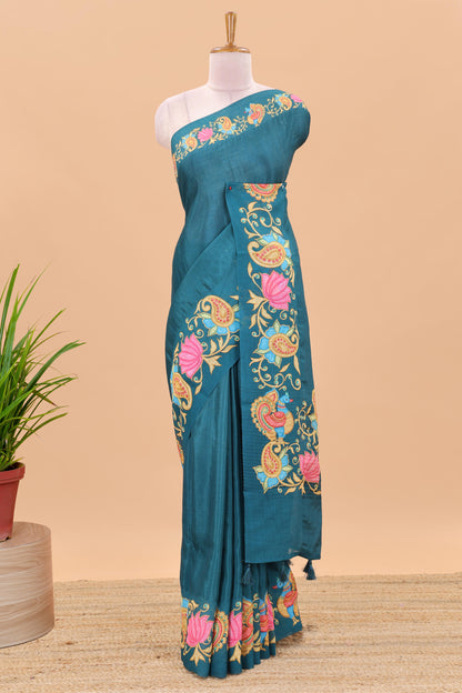 Peacock green tanjore painting style linen tussar saree with peacock & lotus motifs and printed pallu