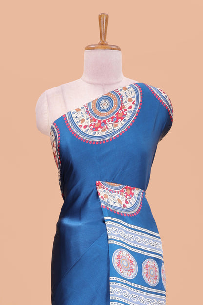 Blue color satin ajrakh modal printed saree with plain border and kalamkari print pallu